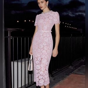 Self-Portrait Pink Fine Lace Pearl Midi Dress